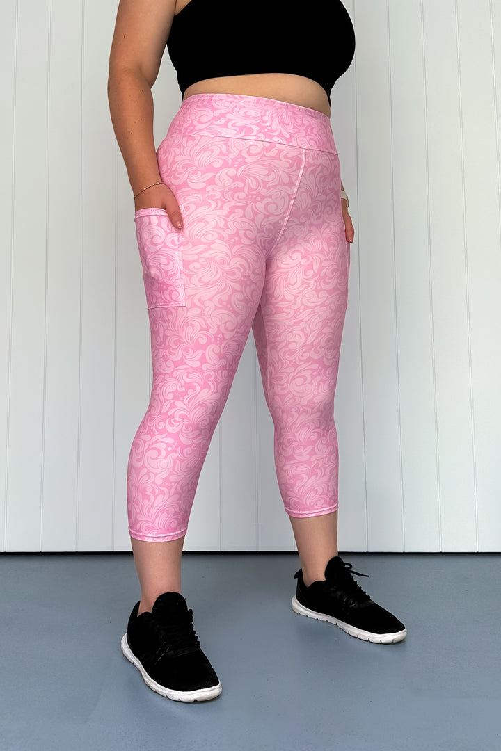 Pink Damask - Casual - Capri Leggings - Pockets