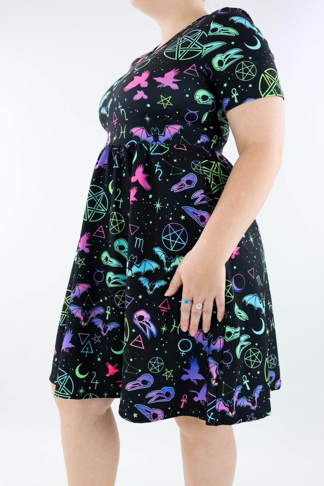Witch Craft - Short Sleeve Skater Dress - Knee Length - Side Pockets Knee Length Skater Dress Pawlie