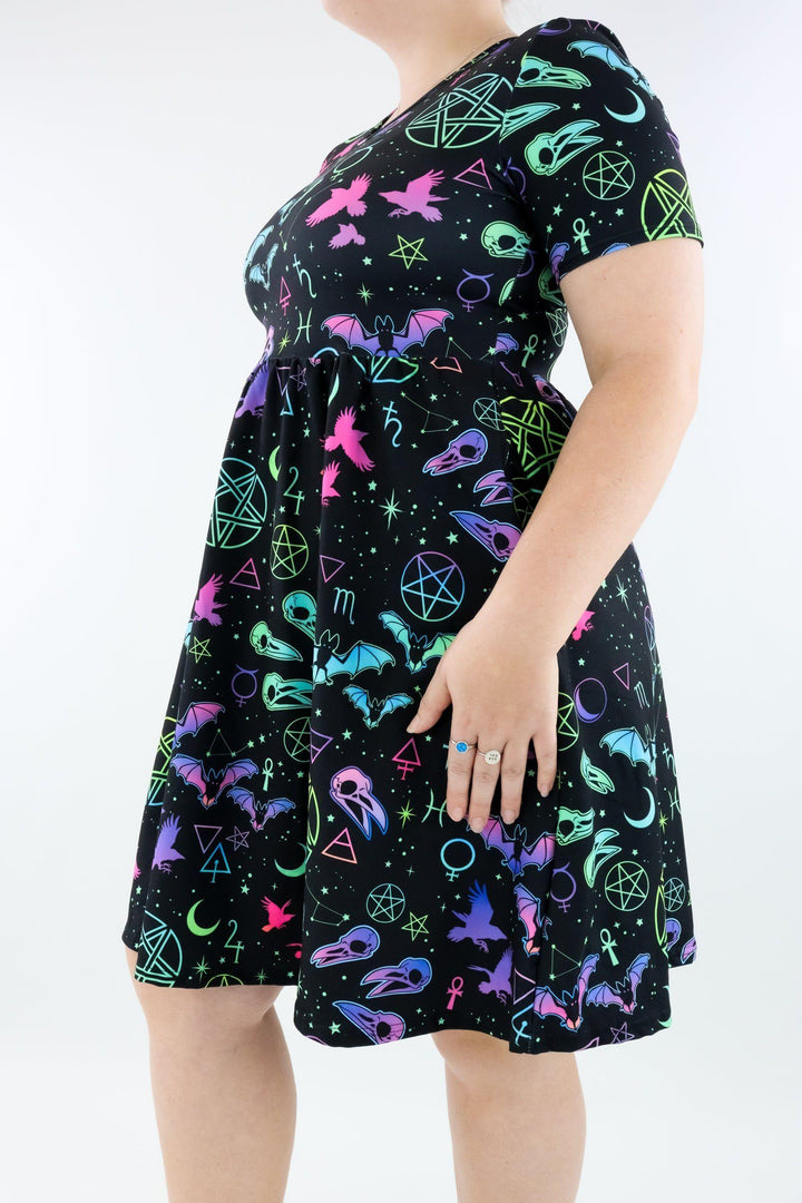 Witch Craft - Short Sleeve Skater Dress - Knee Length - Side Pockets Knee Length Skater Dress Pawlie
