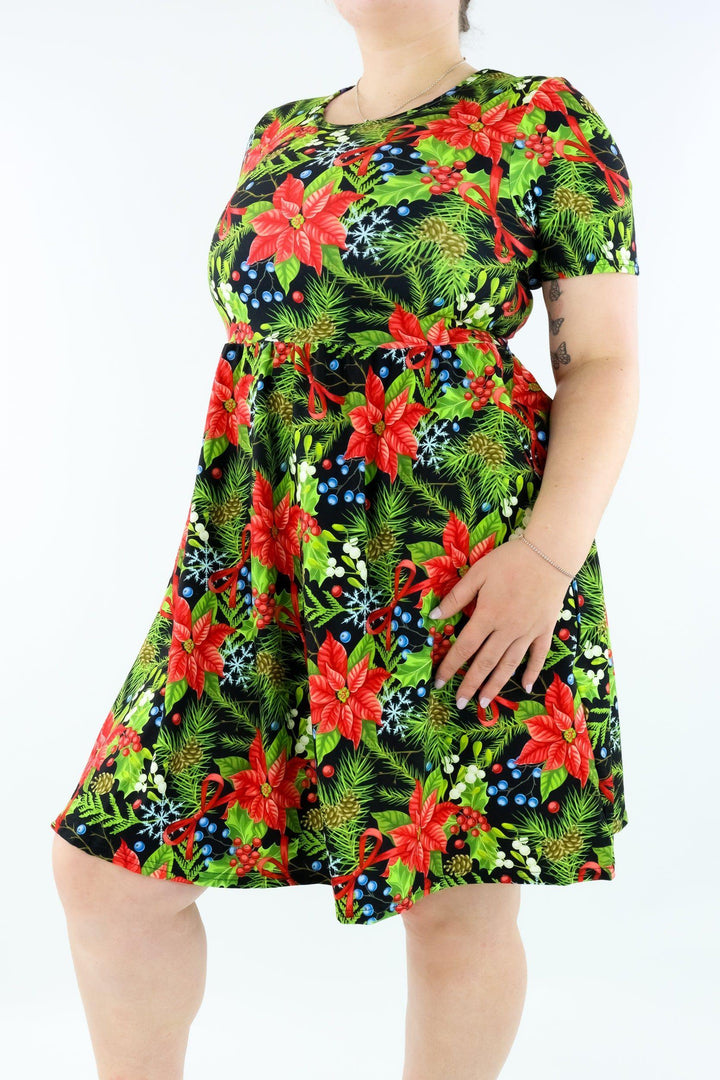 Wonderful Christmas - Short Sleeve Skater Dress - Knee Length - Side Pockets Knee Length Skater Dress Pawlie
