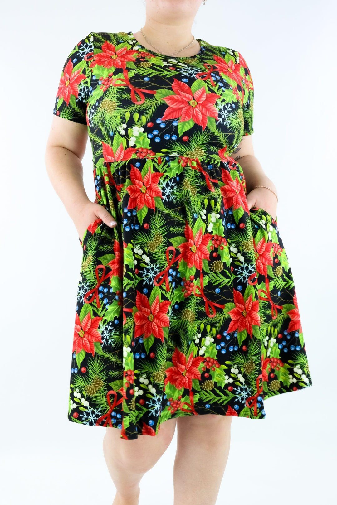 Wonderful Christmas - Short Sleeve Skater Dress - Knee Length - Side Pockets Knee Length Skater Dress Pawlie