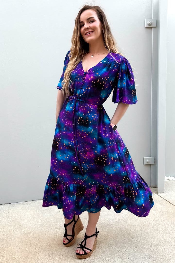 Peony Midi Dress - Universe Shimmer - Pockets