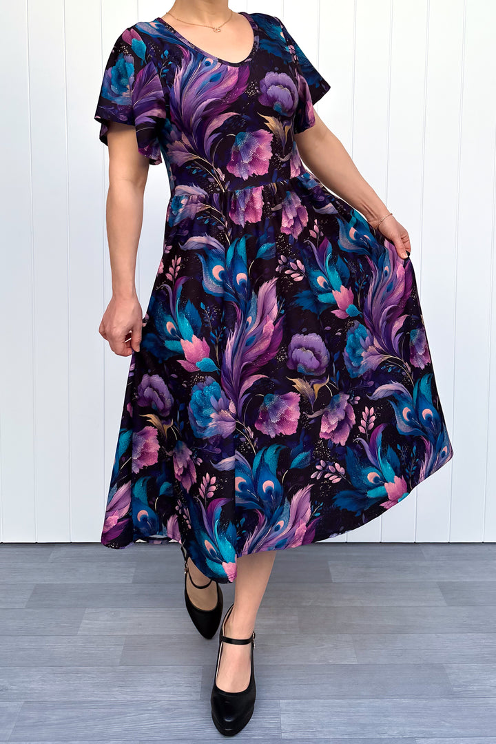 Peacock Petals - Midi Dress - Flutter Sleeve - Pockets