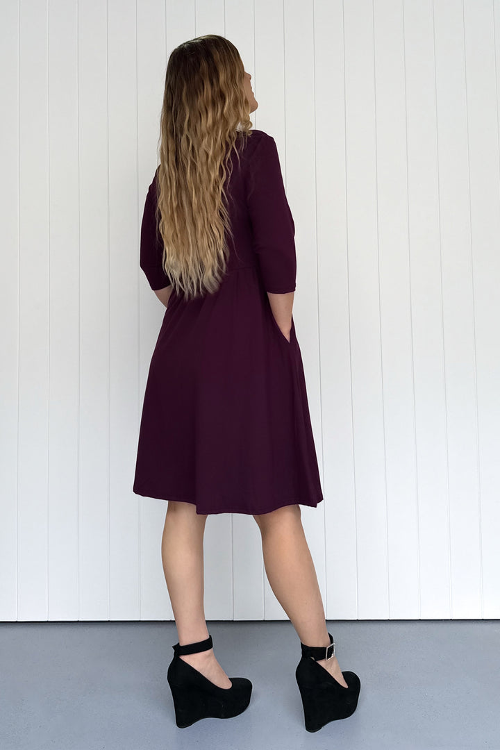 Plum - 3/4 Sleeve - Knee Length Dress - Pockets