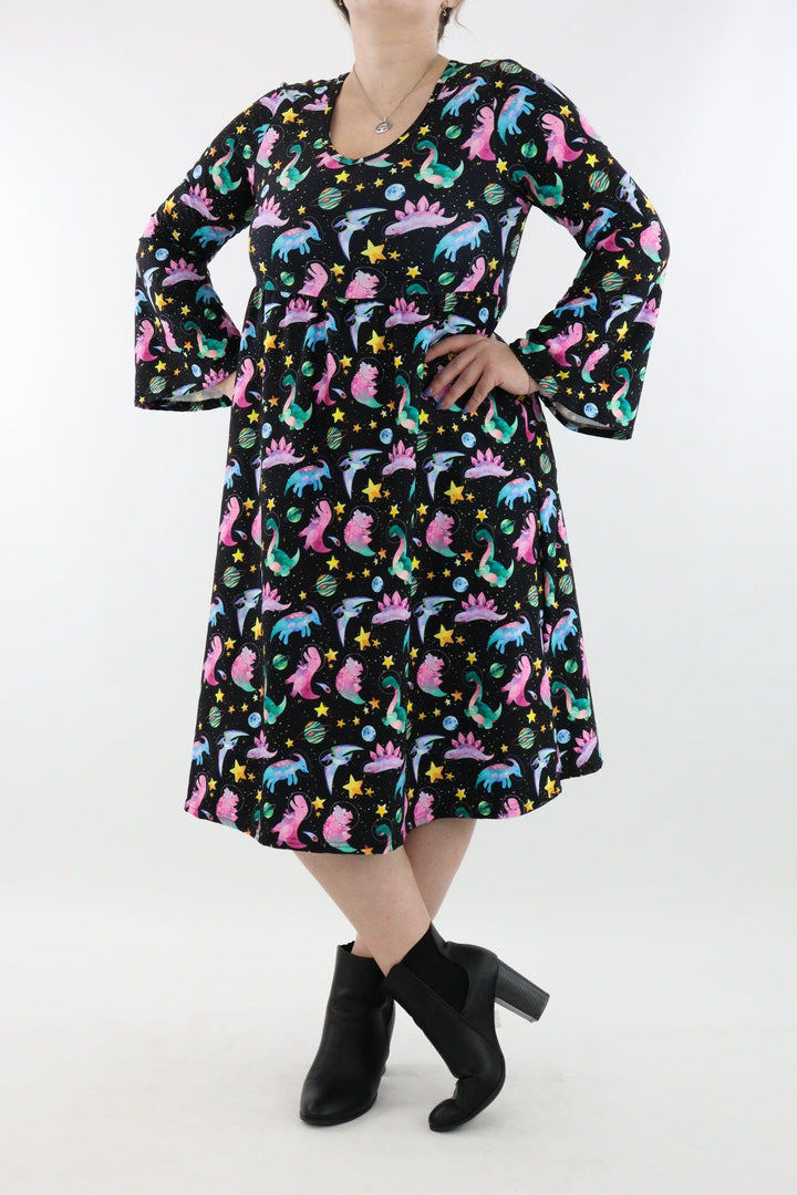 Space Dinosaurs - Midi Length Dress - Bell Sleeve - Pockets - Pawlie