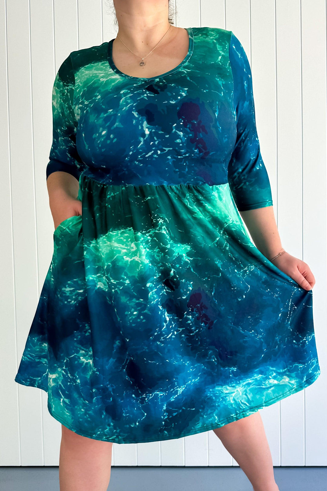 Powerful Ocean - 3/4 Sleeve Skater Dress - Knee Length - Pockets