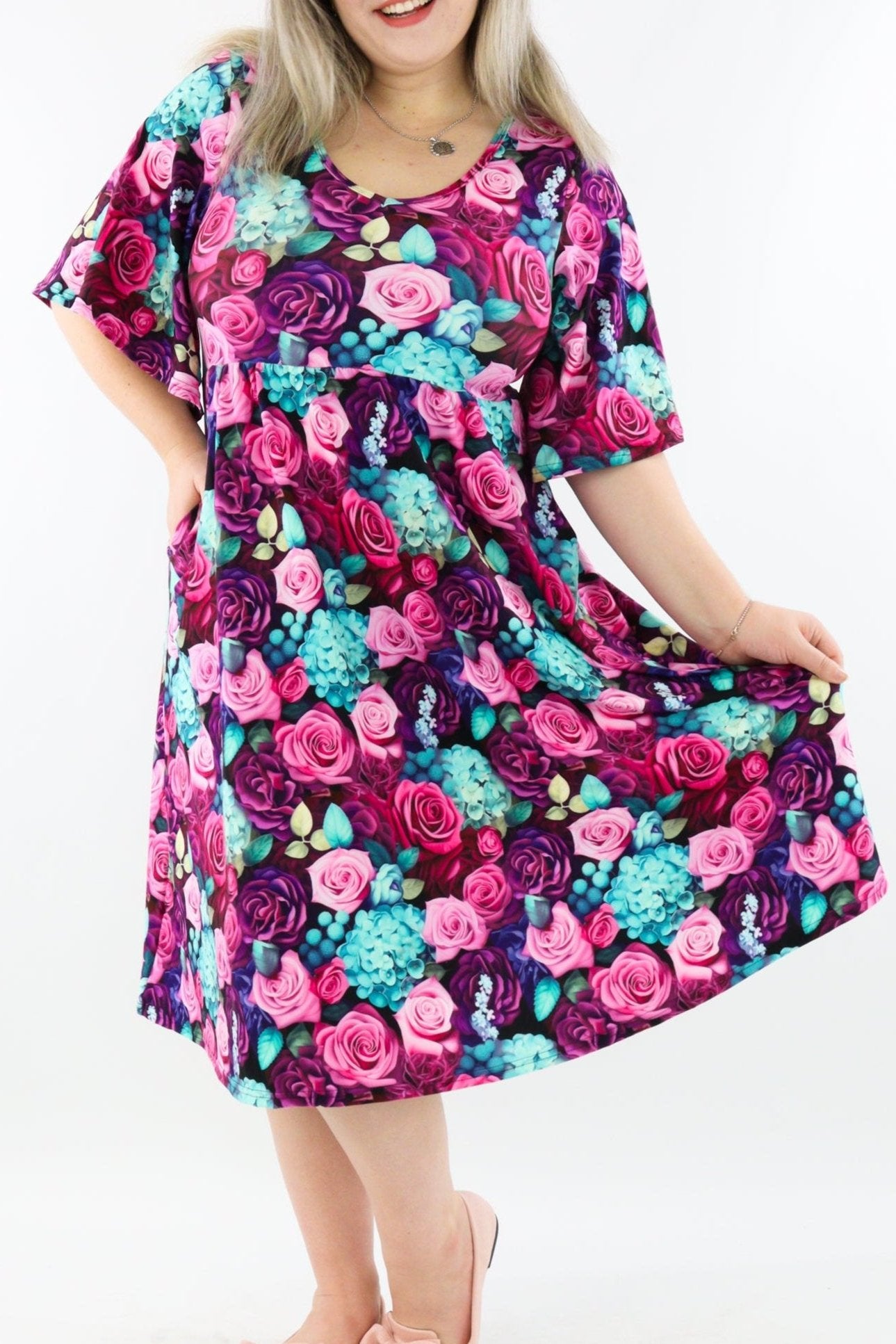 Premium Rose - Midi Length Dress - Mid Sleeve - Pockets