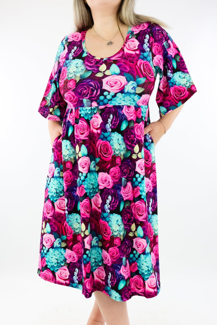 Premium Rose - Midi Length Dress - Mid Sleeve - Pockets