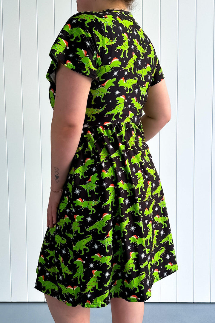 Christmas Dinosaur - Flutter Sleeve Skater Dress - Knee Length - Pockets