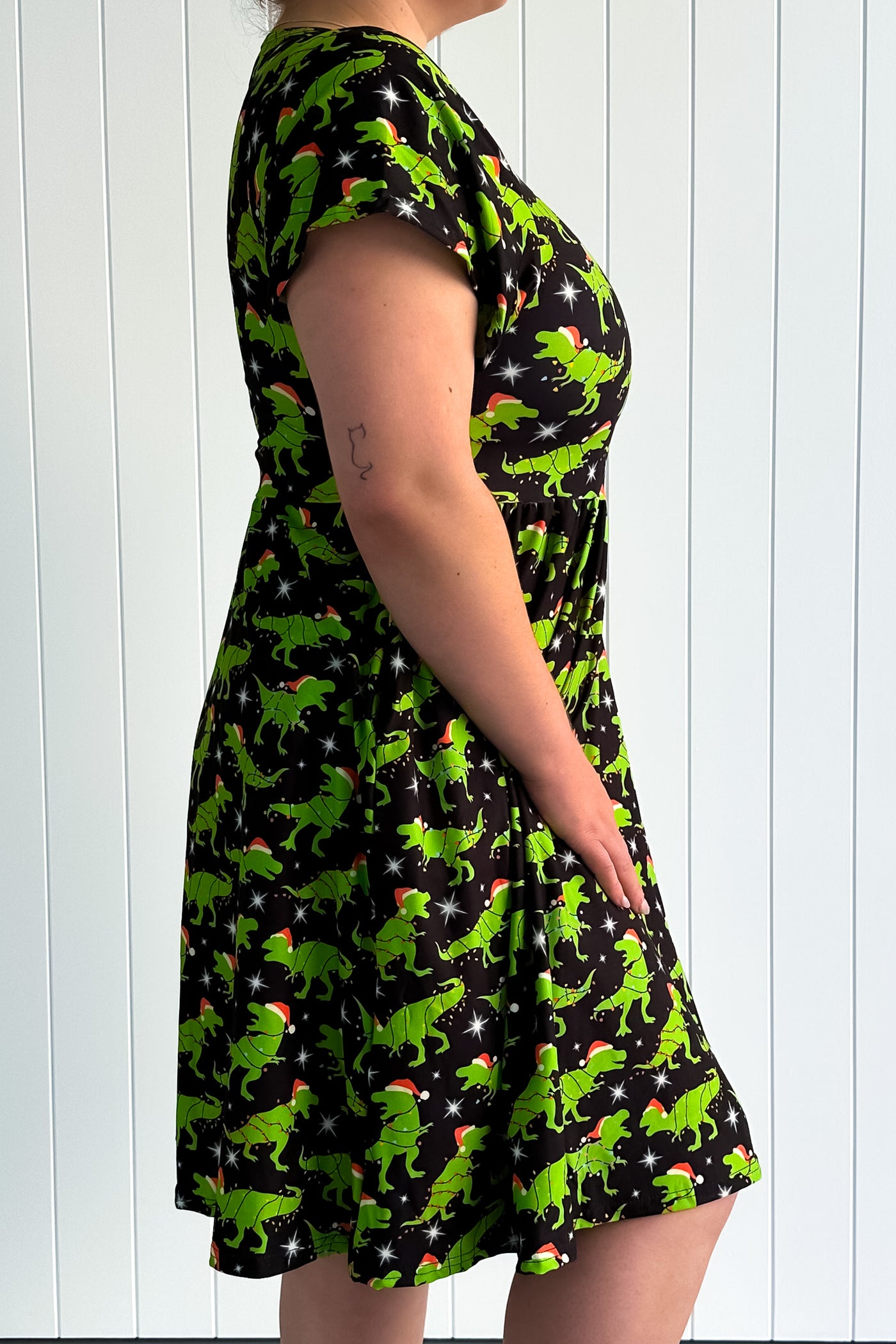 Christmas Dinosaur - Flutter Sleeve Skater Dress - Knee Length - Pockets