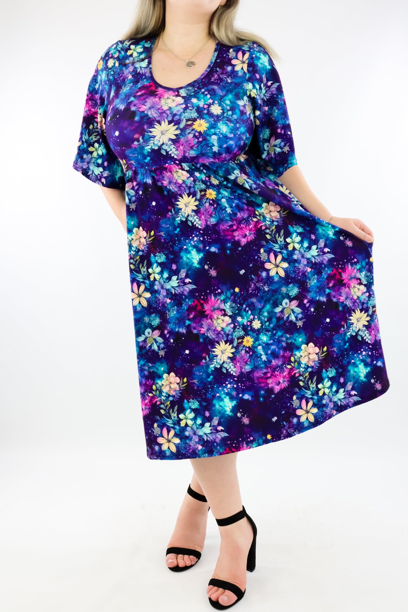 Galaxy Flowers - Midi Length Dress - Mid Sleeve - Pockets