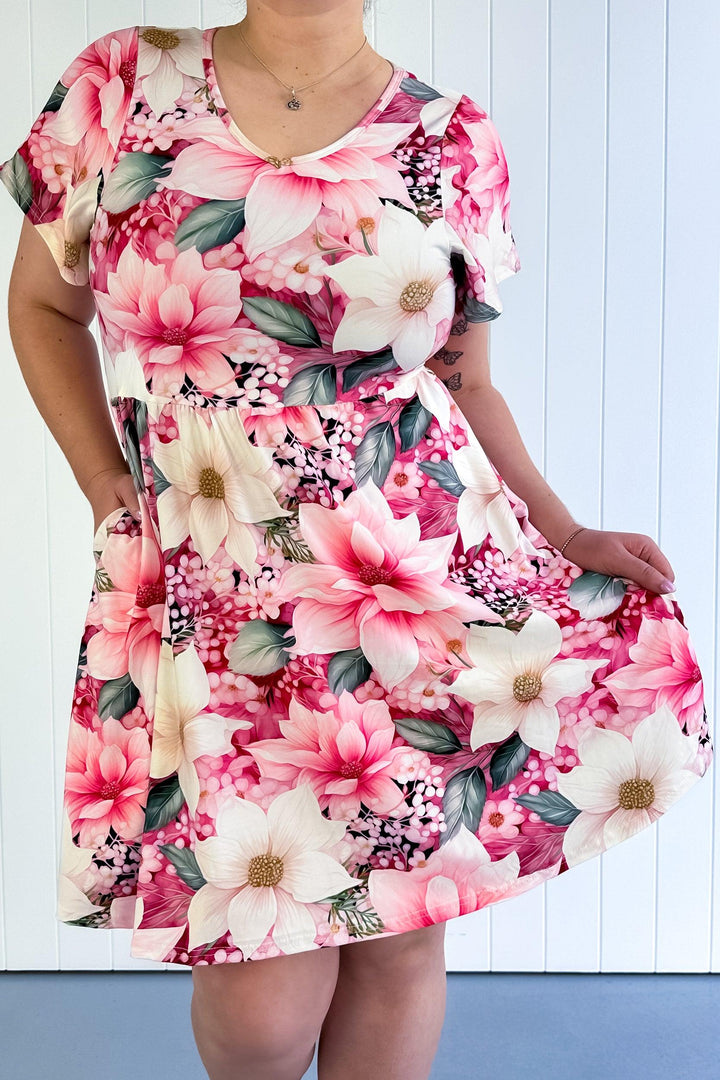 Pink Poinsettia - Mini Dress - Flutter Sleeve - Pockets