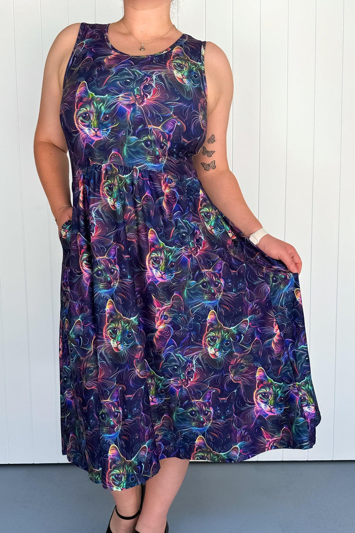 Holographic Kitty - Sleeveless Midi Dress - Pockets