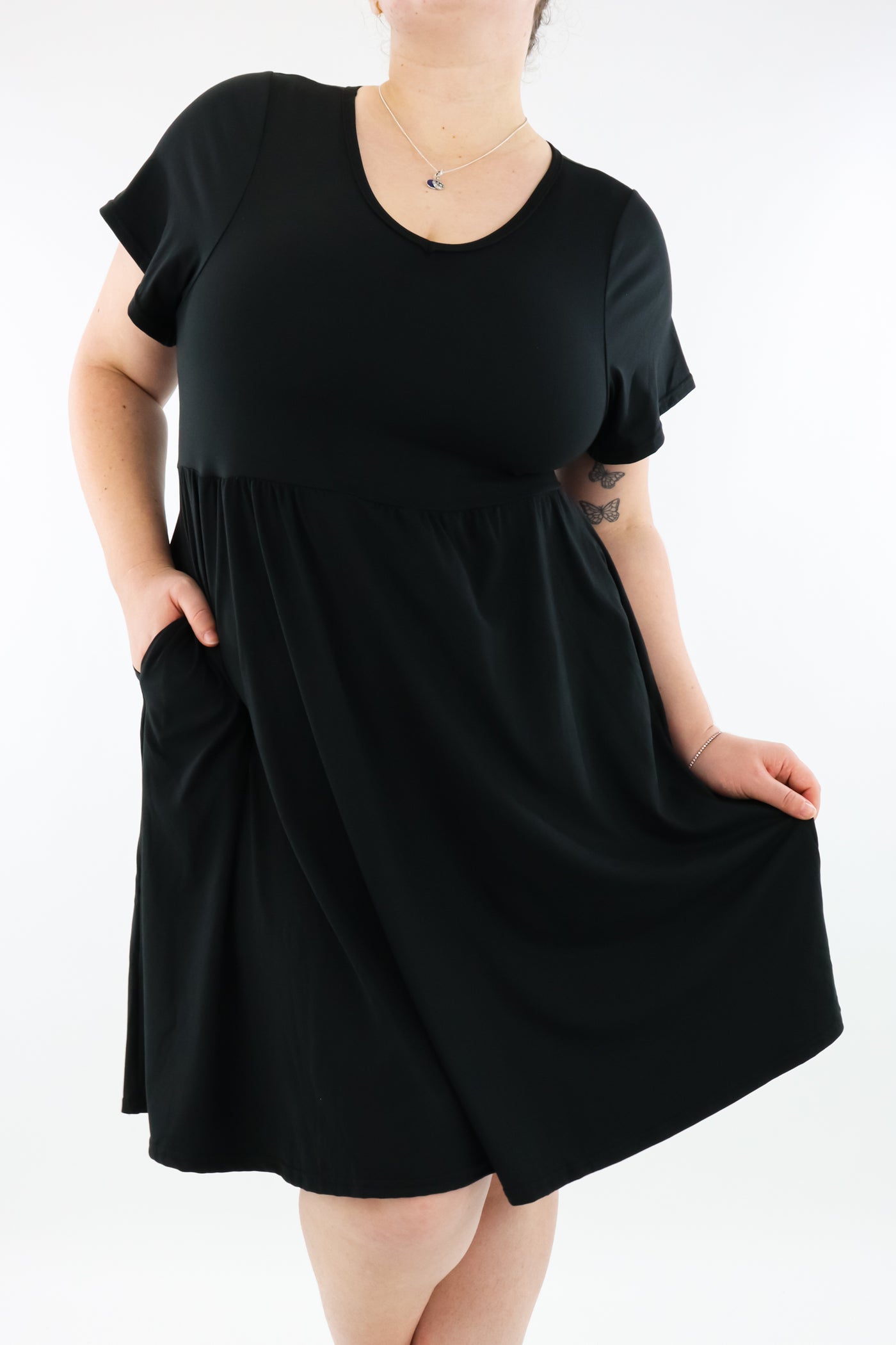 Black - Flutter Sleeve Skater Dress - Knee Length - Pockets