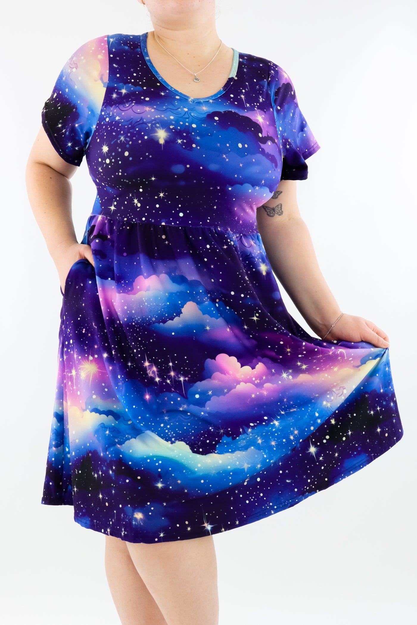 Twilight Sky - Flutter Sleeve Skater Dress - Knee Length - Pockets