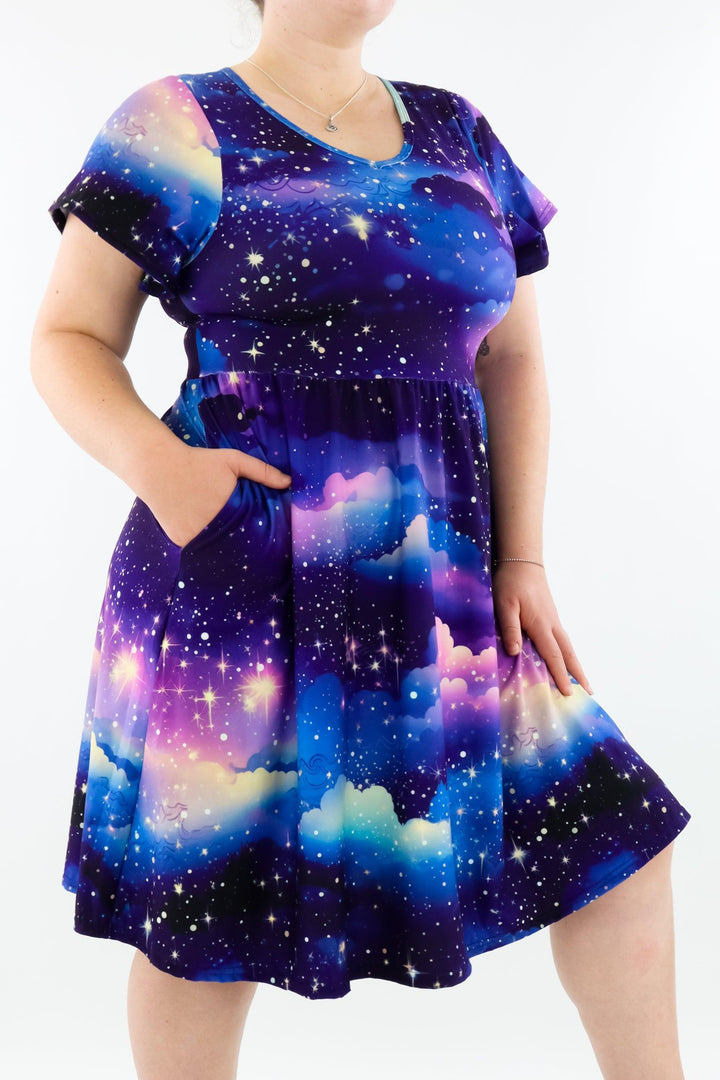 Twilight Sky - Flutter Sleeve Skater Dress - Knee Length - Pockets