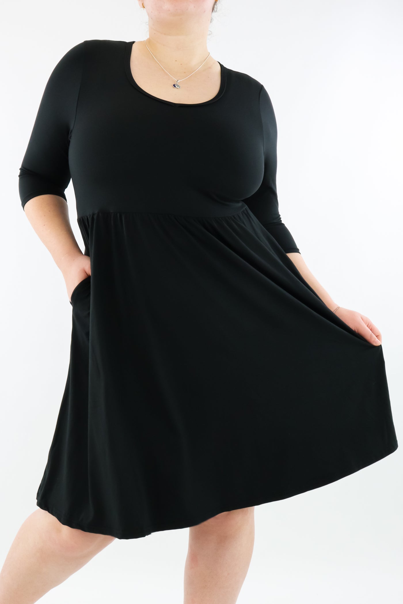 Black - 3/4 Sleeve Skater Dress - Knee Length - Pockets