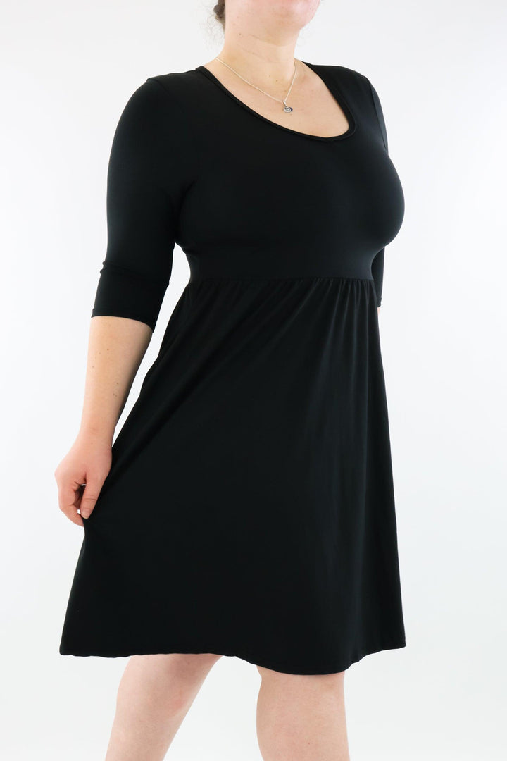 Black - 3/4 Sleeve Skater Dress - Knee Length - Pockets