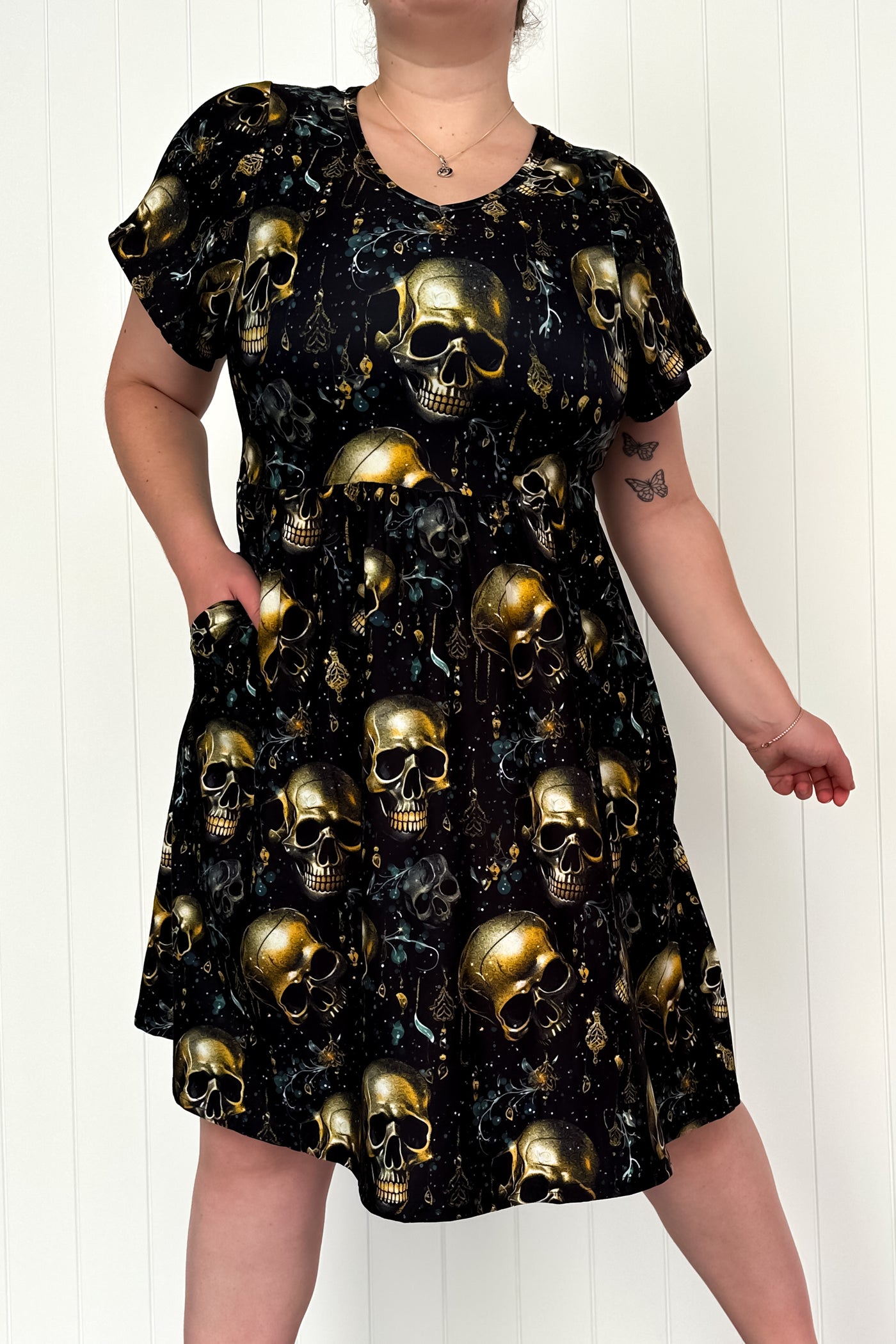 Skull Trinkets - Flutter Sleeve Skater Dress - Knee Length - Pockets