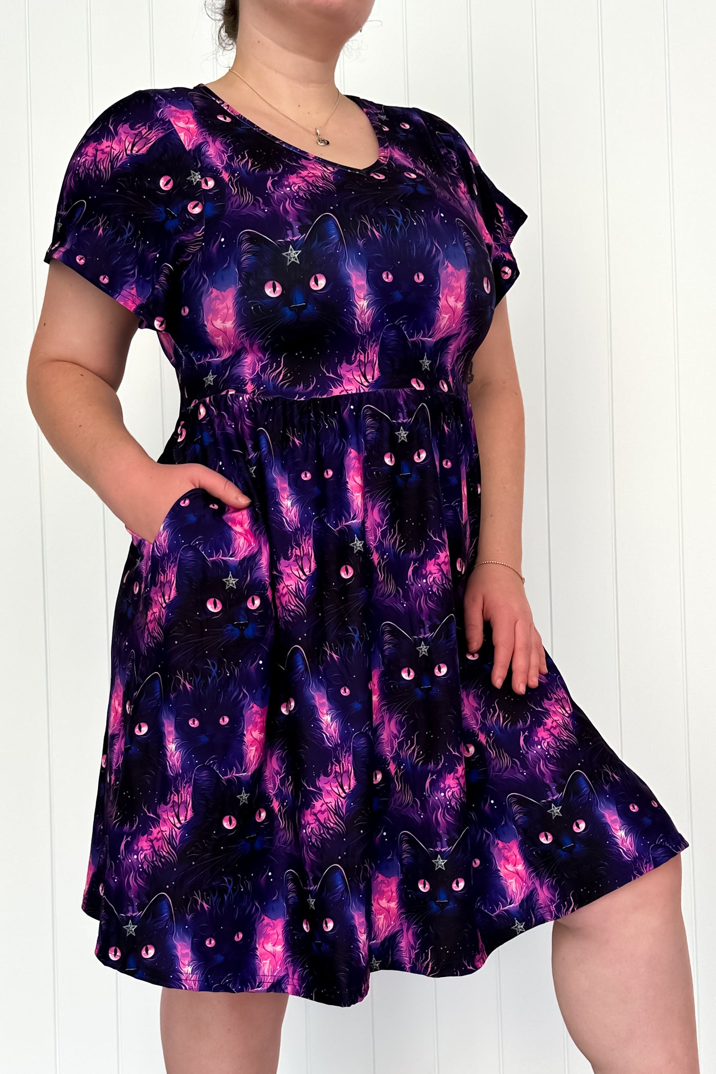 Wicca Cat - Flutter Sleeve Skater Dress - Knee Length - Pockets