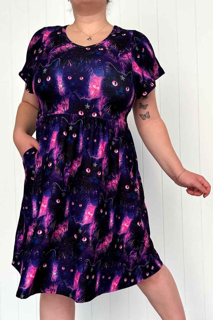 Wicca Cat - Flutter Sleeve Skater Dress - Knee Length - Pockets