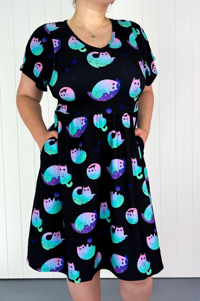 Celestial Cat - Flutter Sleeve Skater Dress - Knee Length - Pockets