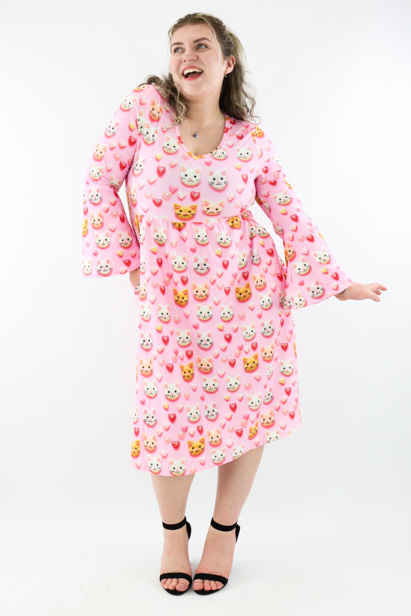 Cat Patch - Midi Length Dress - Bell Sleeve - Pockets