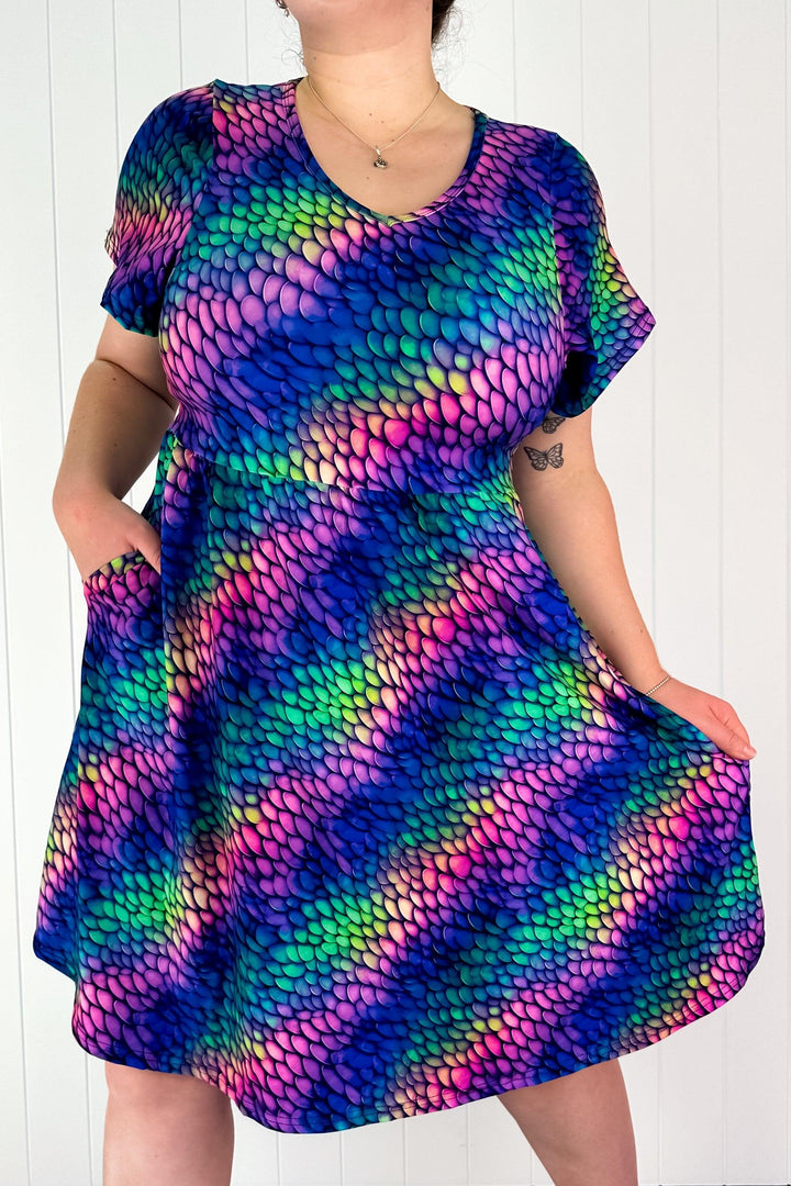 Rainbow Dragon - Flutter Sleeve Skater Dress - Knee Length - Pockets