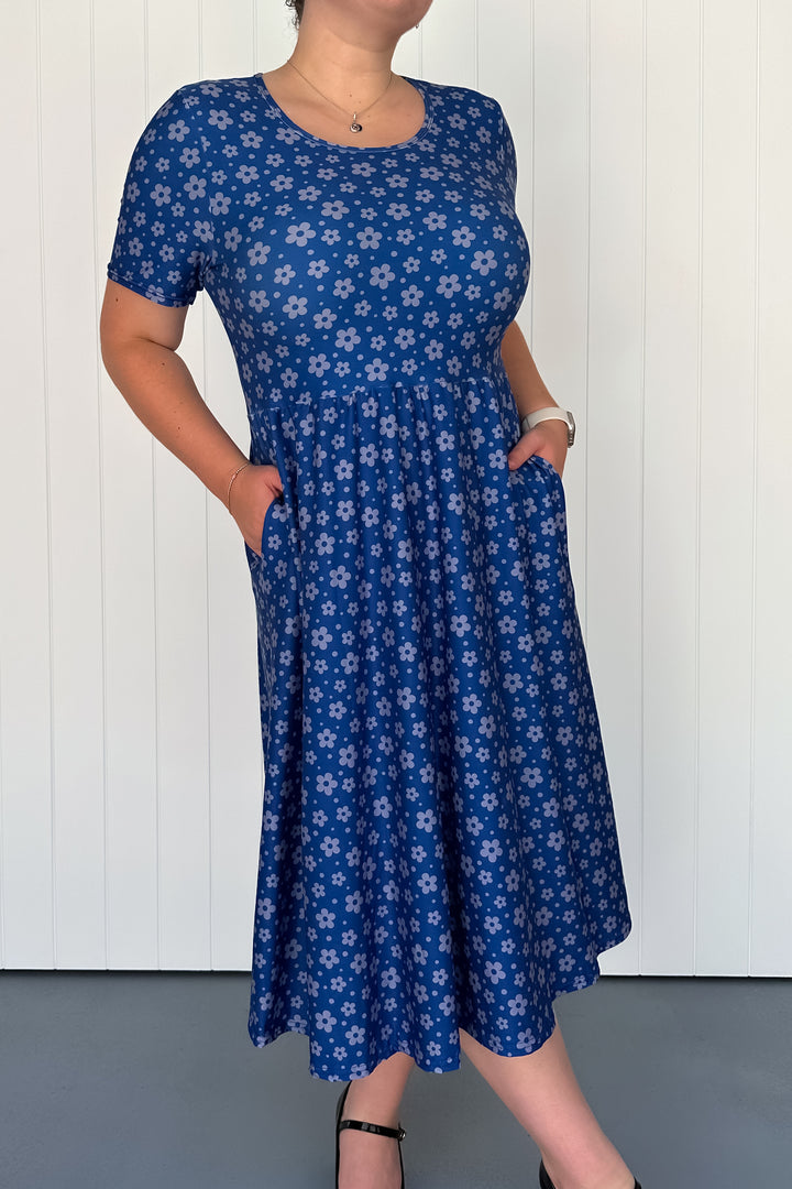 Navy Daisy Confetti - Midi Dress - Short Sleeve - Pockets