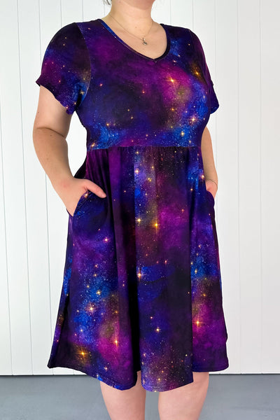 Galaxy Dust - Flutter Sleeve Skater Dress - Knee Length - Pockets