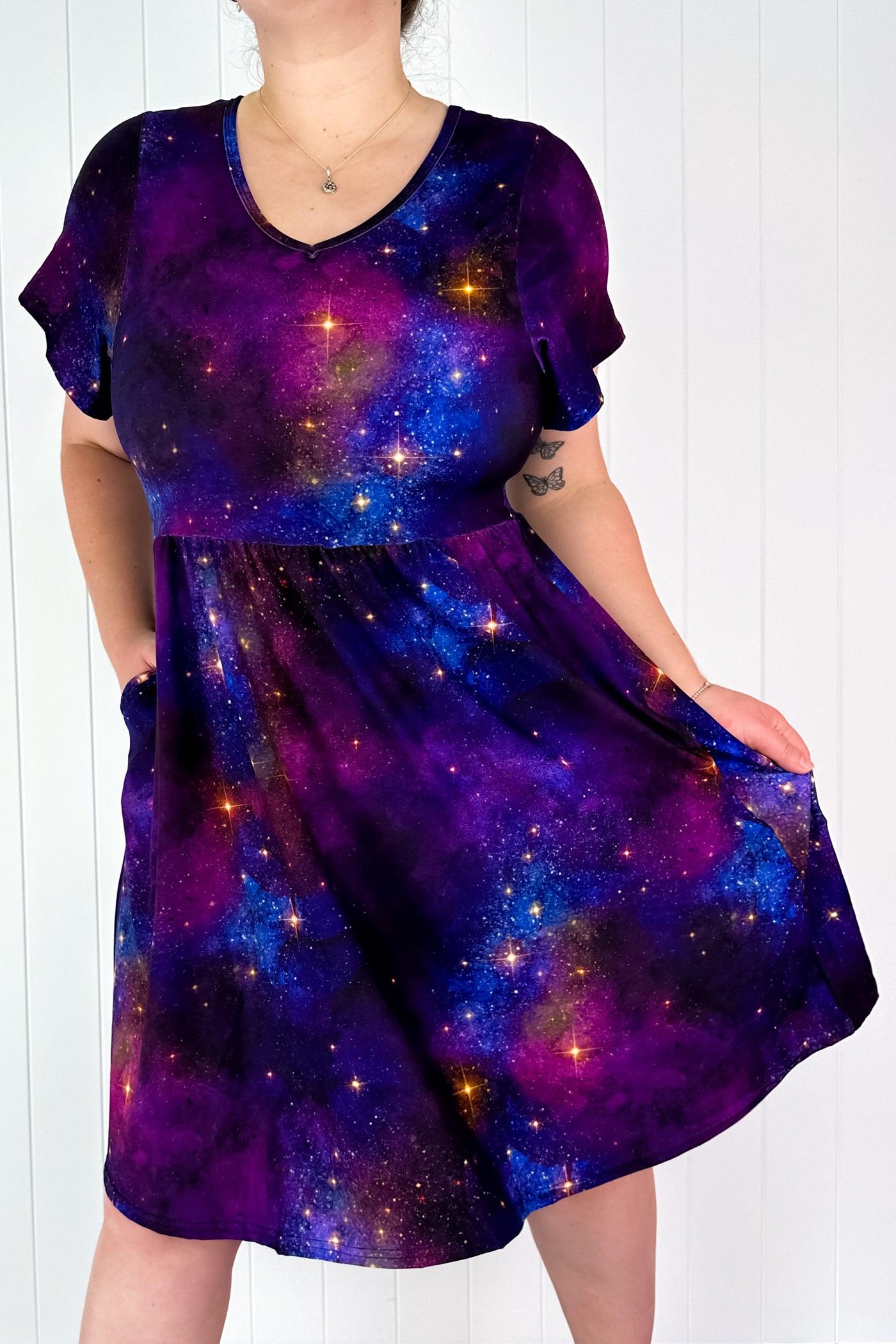 Galaxy Dust - Flutter Sleeve Skater Dress - Knee Length - Pockets