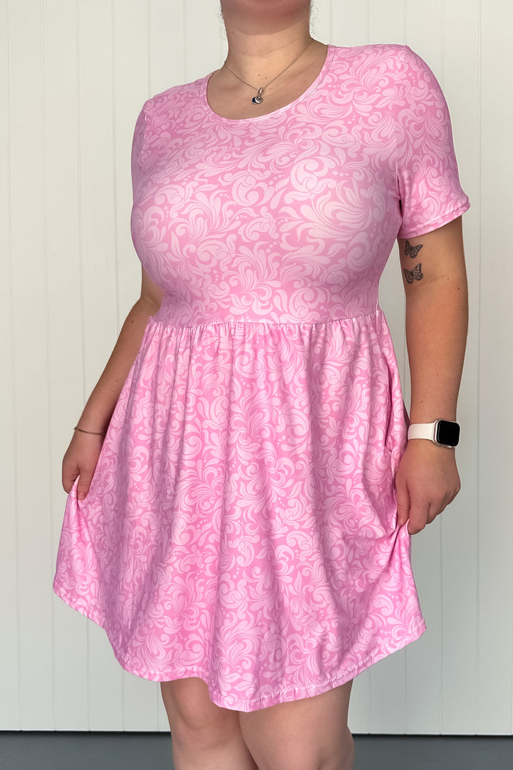 Pink Damask - Mini Dress - Short Sleeve - Pockets