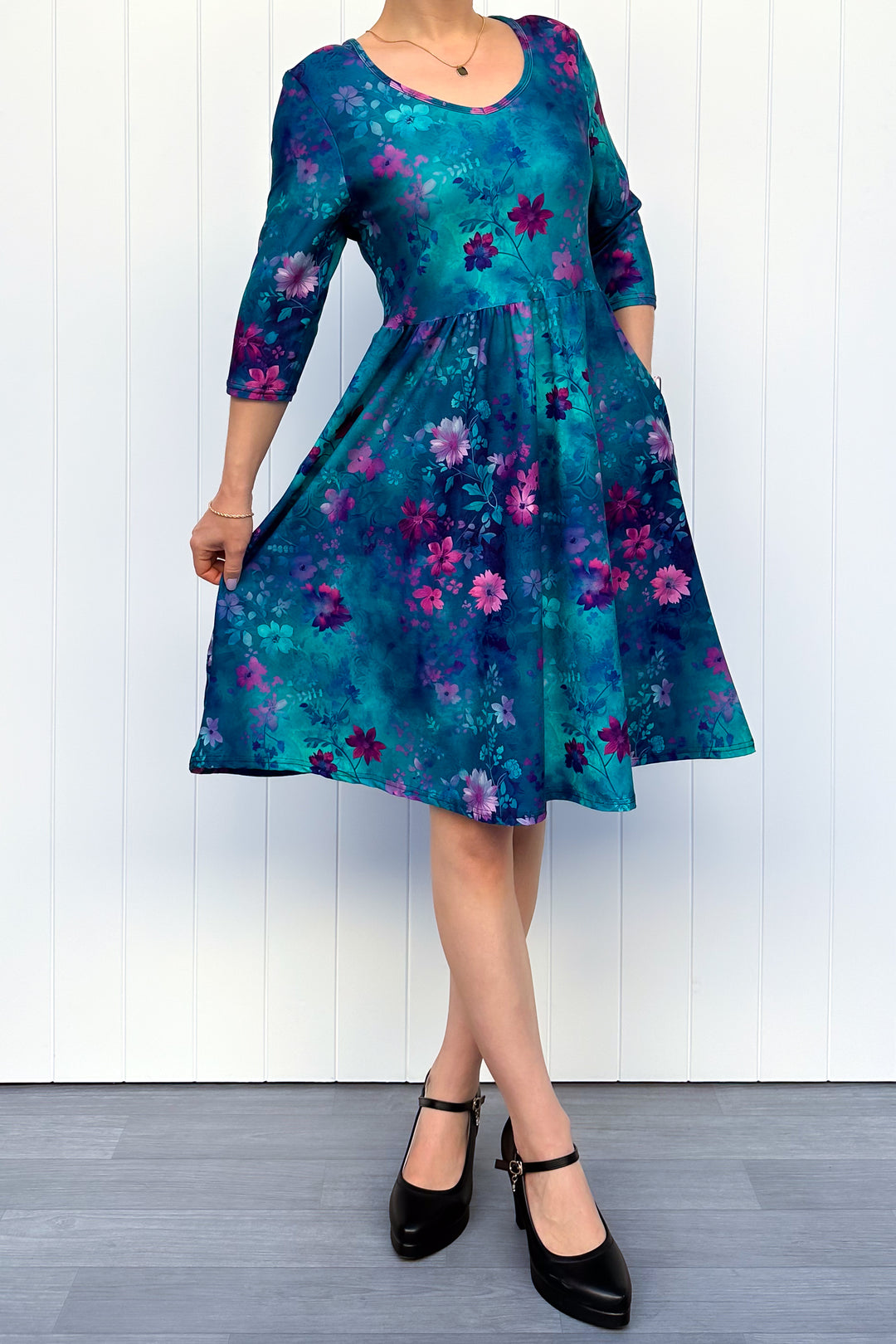 Ethereal Bloom - Knee Length Dress - 3/4 Sleeve - Pockets
