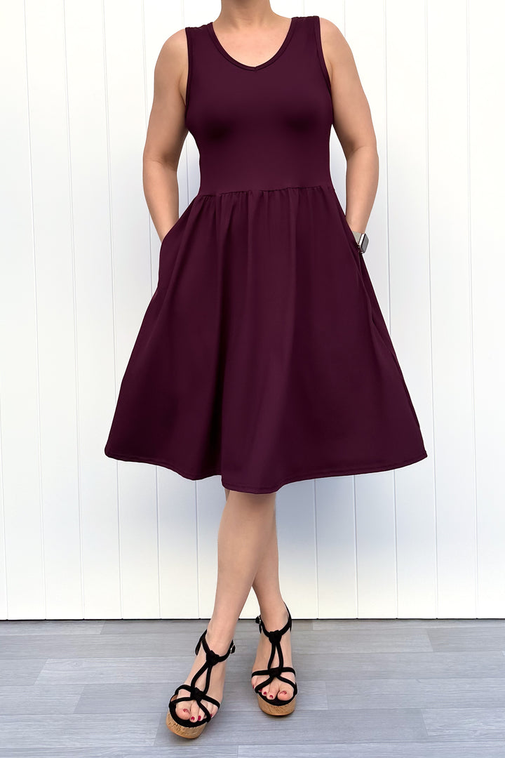 Plum - Sleeveless Knee Length Dress - Side Pockets