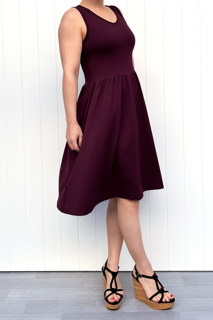 Plum - Sleeveless Knee Length Dress - Side Pockets