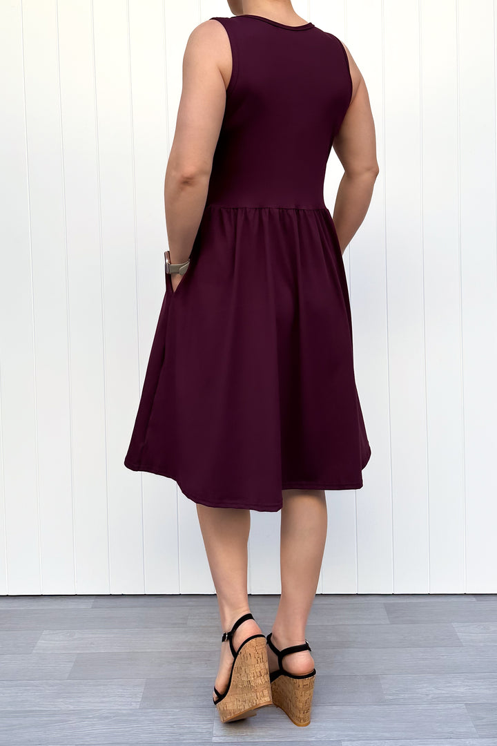 Plum - Sleeveless Knee Length Dress - Side Pockets