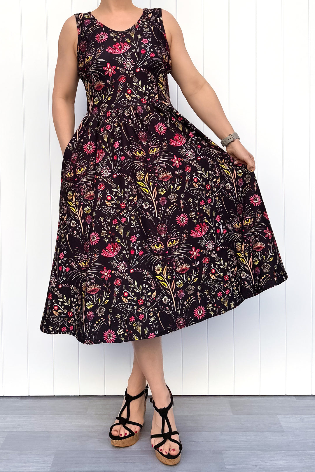 Whiskers & Wildflowers - Sleeveless Midi Dress - Pockets