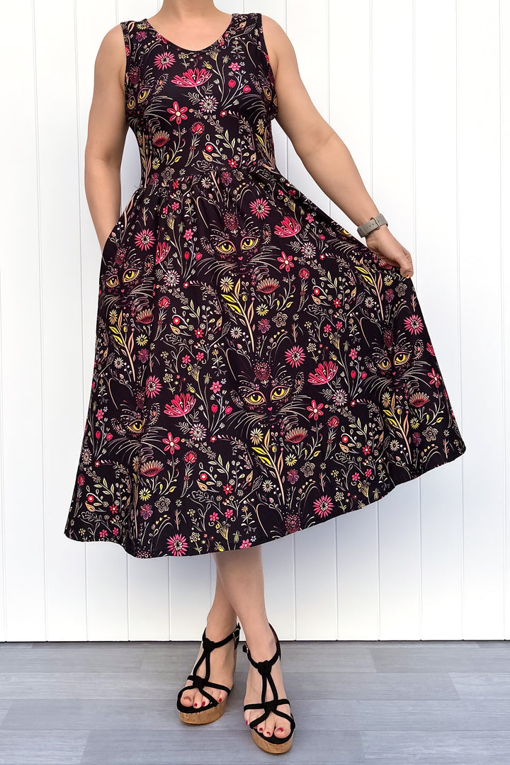 Whiskers & Wildflowers - Sleeveless Midi Dress - Pockets