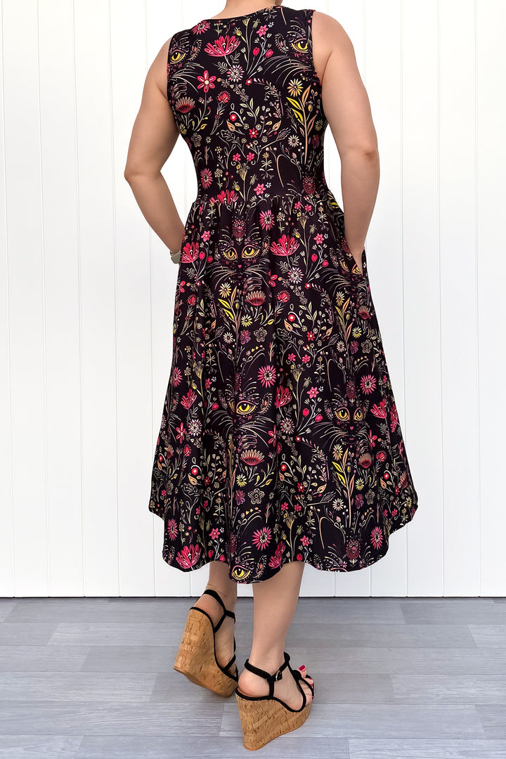 Whiskers & Wildflowers - Sleeveless Midi Dress - Pockets