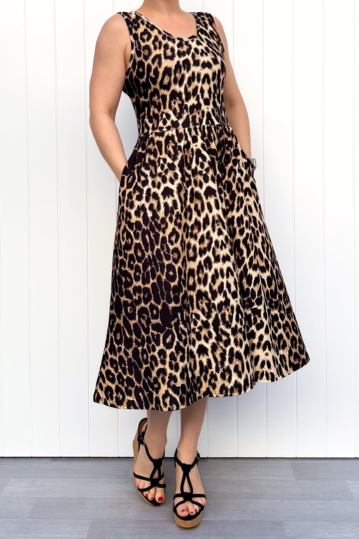 Wild Leopard - Sleeveless Midi Dress - Pockets