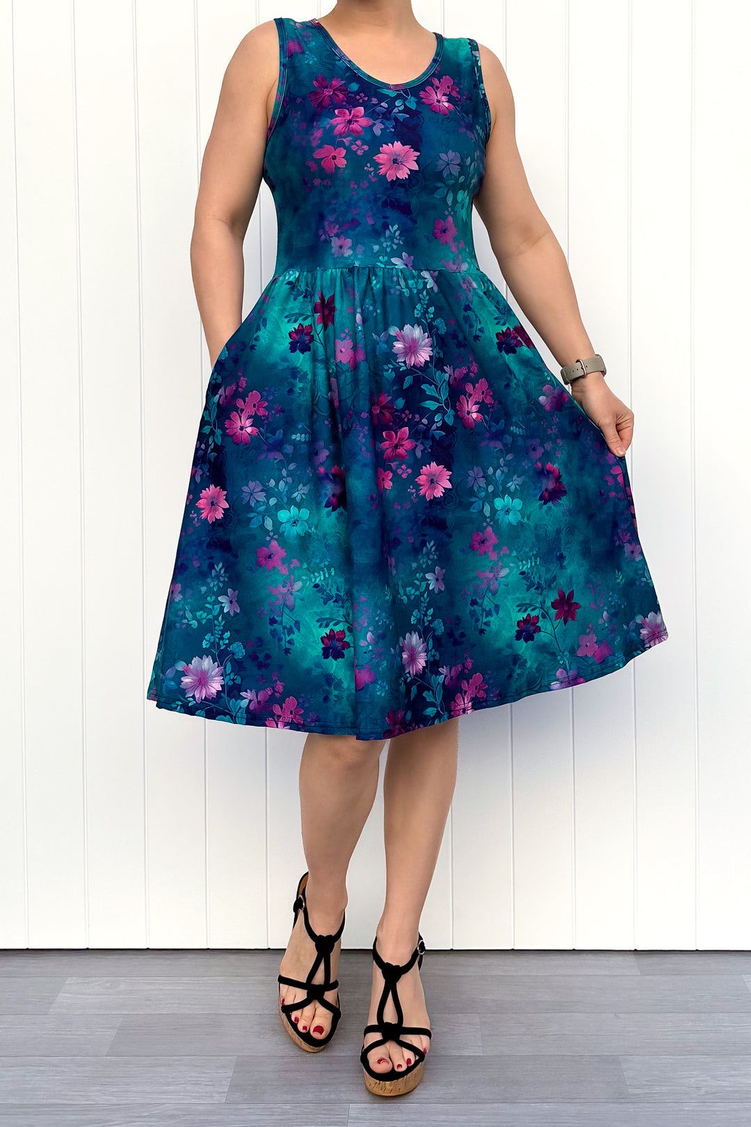 Ethereal Bloom - Sleeveless Knee Length Dress - Side Pockets