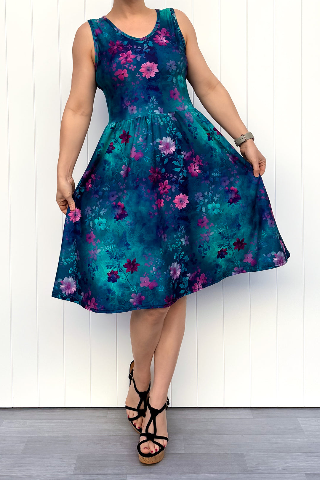 Ethereal Bloom - Sleeveless Knee Length Dress - Side Pockets