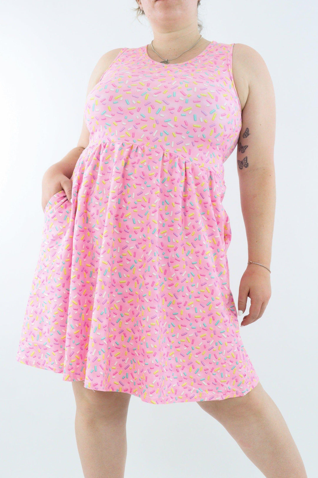 Sprinkles - Sleeveless Skater Dress - Knee Length - Side Pockets - Pawlie