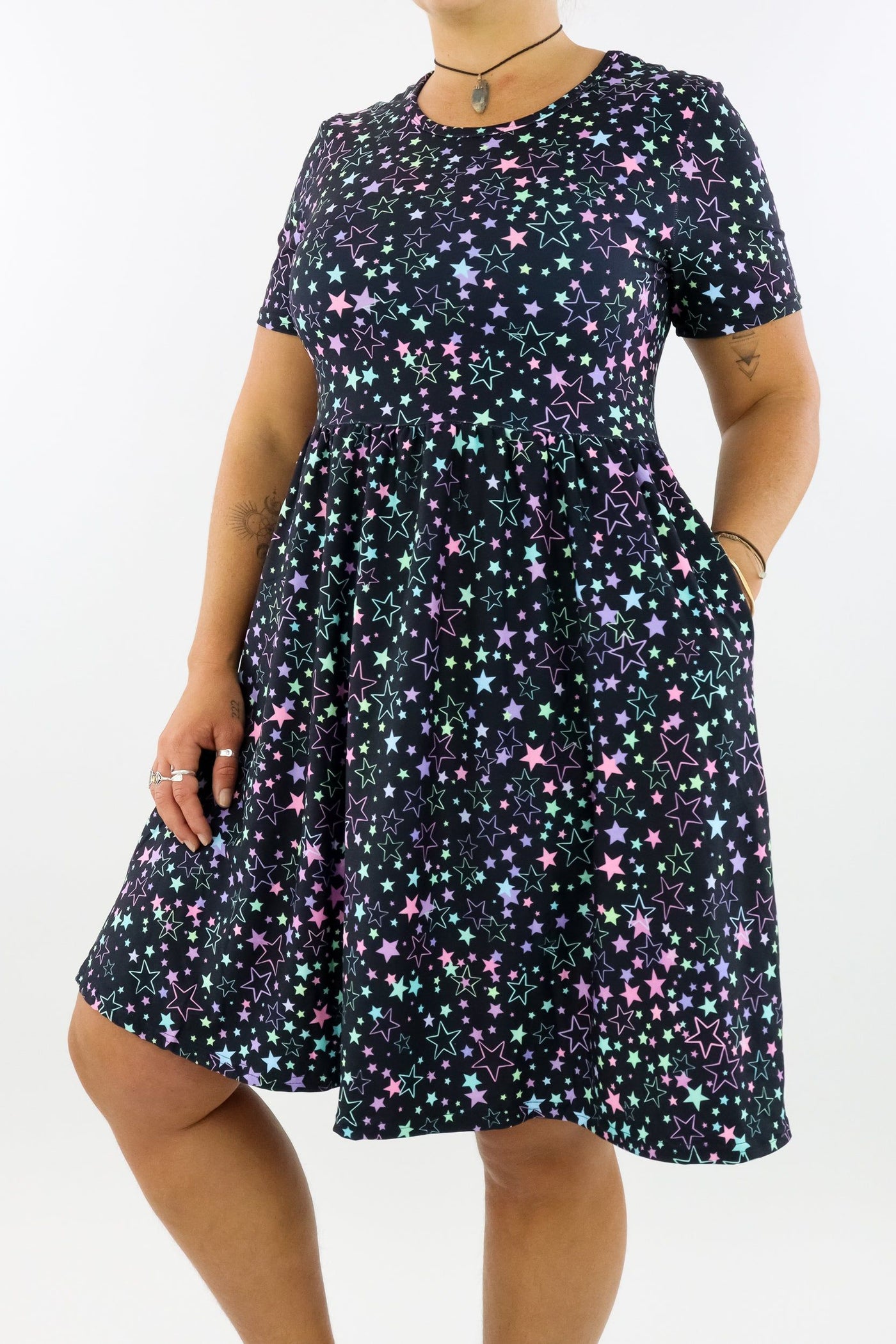 Neon Stars - Short Sleeve Skater Dress - Knee Length - Side Pockets Knee Length Skater Dress Pawlie   