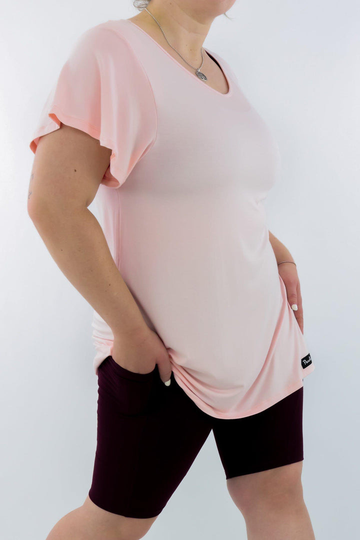 Peachy Pink - Long T-shirt - V-neck - Flutter Sleeve 