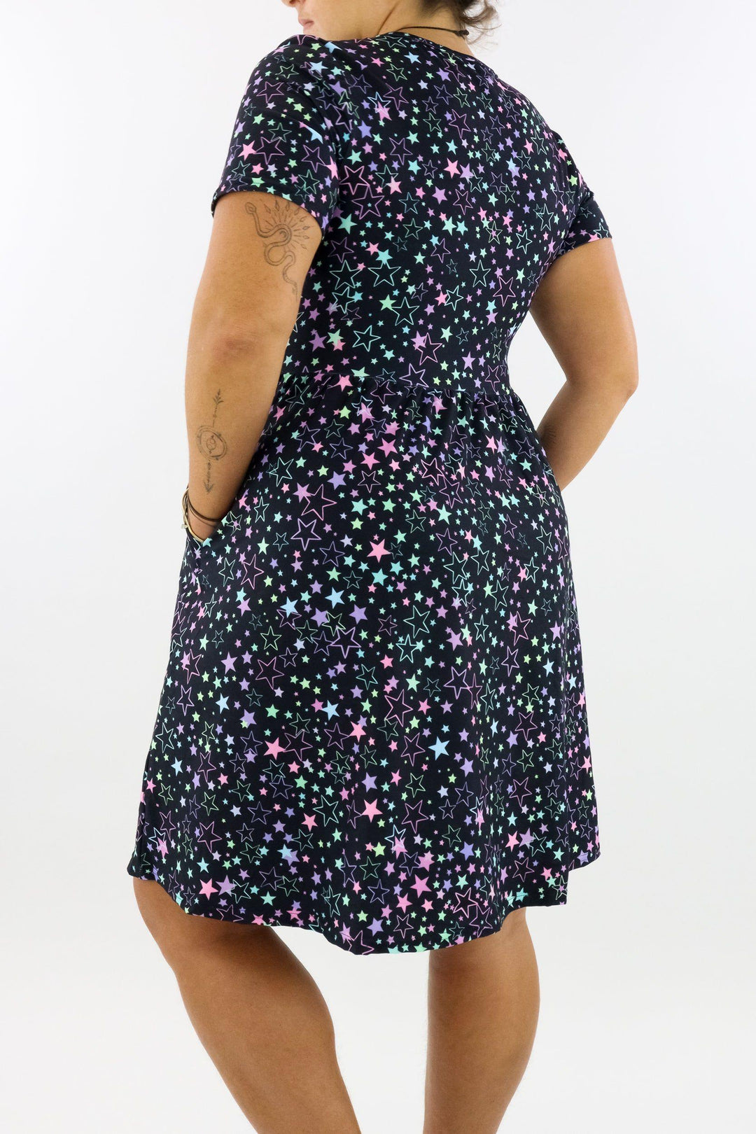 Neon Stars - Short Sleeve Skater Dress - Knee Length - Side Pockets Knee Length Skater Dress Pawlie   