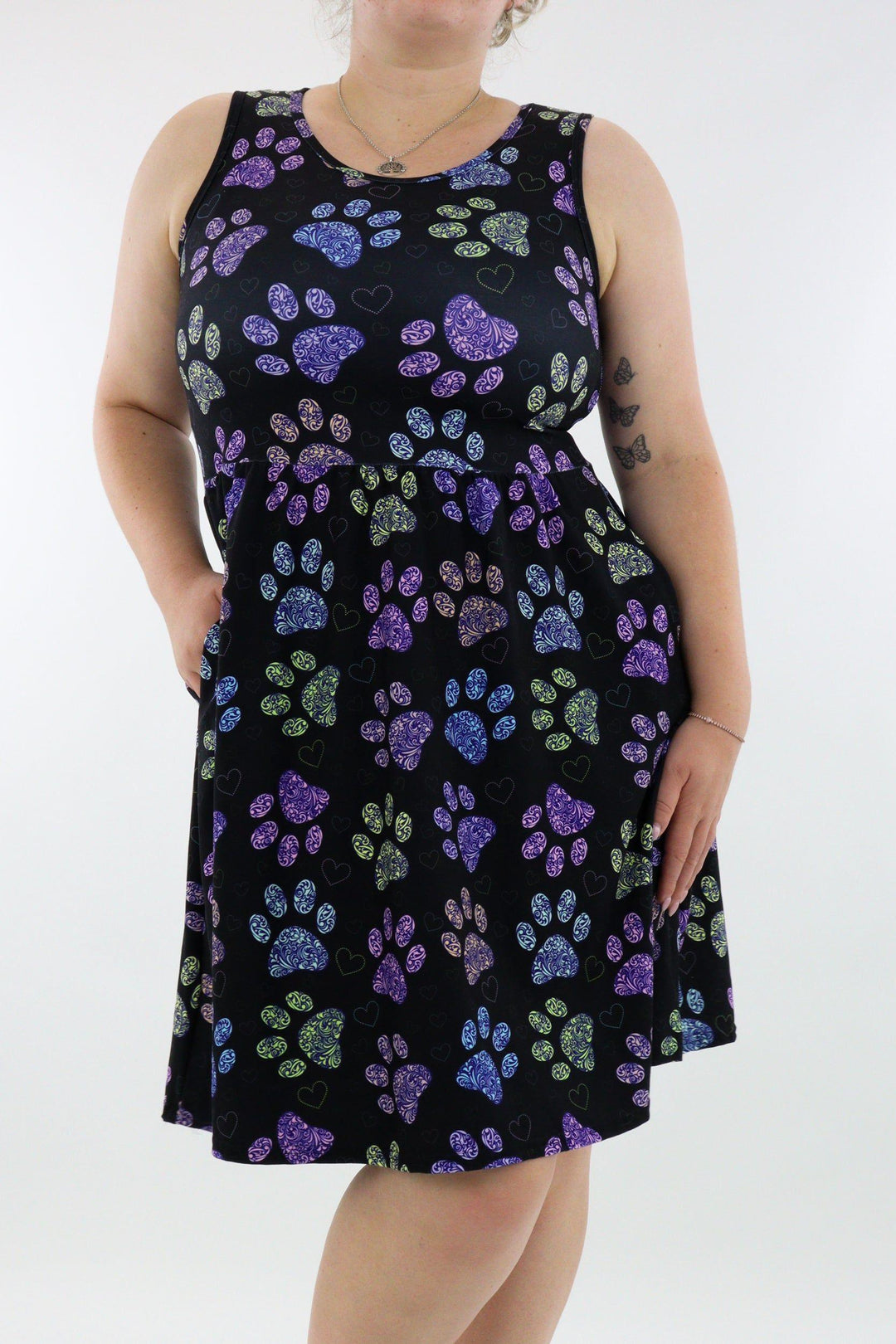 Floral Paws - Sleeveless Skater Dress - Knee Length - Side Pockets - Pawlie