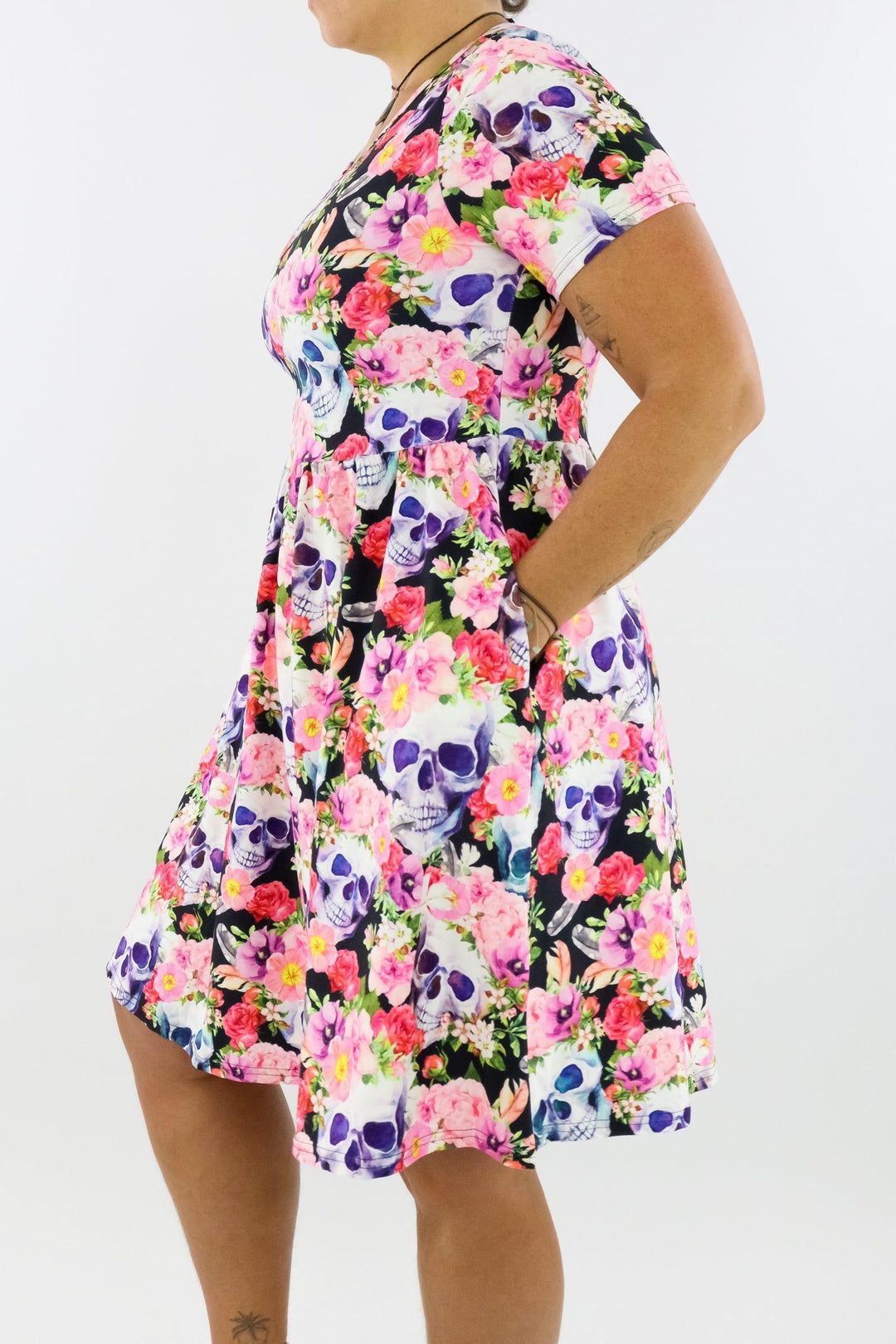 Dead Pretty - Short Sleeve Skater Dress - Knee Length - Side Pockets Knee Length Skater Dress Pawlie   