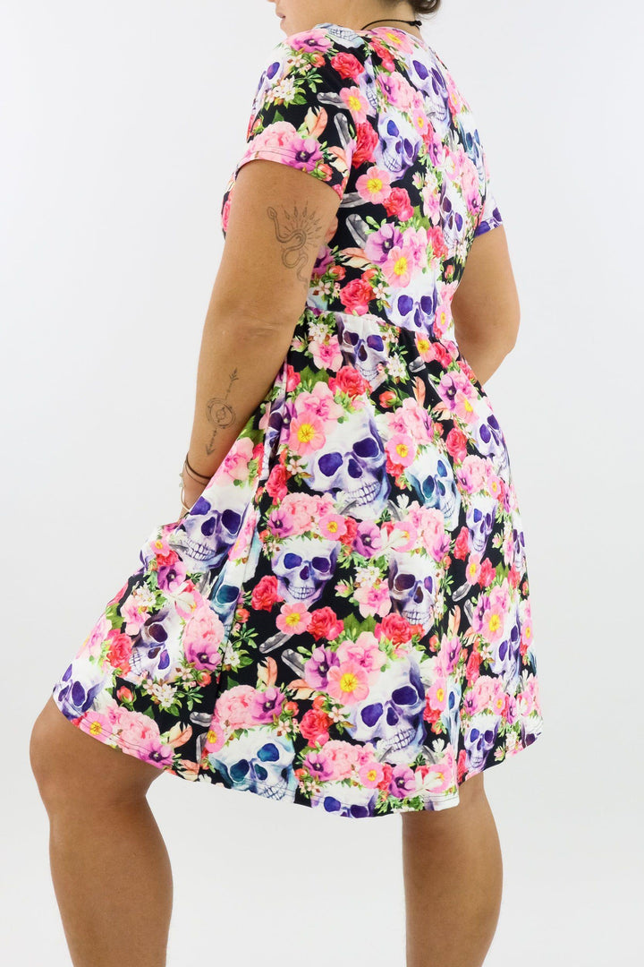 Dead Pretty - Short Sleeve Skater Dress - Knee Length - Side Pockets Knee Length Skater Dress Pawlie   