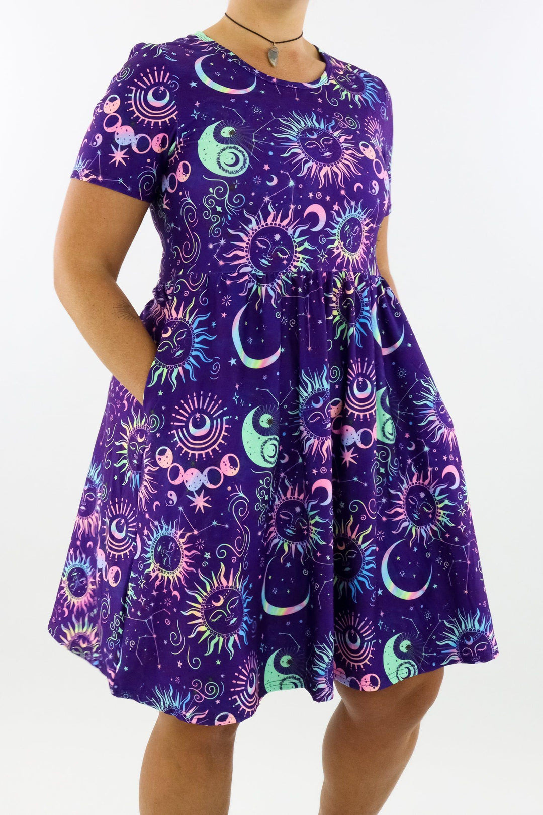 Celestial Soul - Short Sleeve Skater Dress - Knee Length - Side Pockets Knee Length Skater Dress Pawlie   